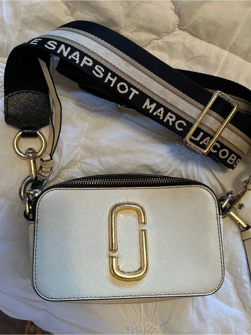 Marc Jacobs White Crossbody Snapshot Bag with Black Strap and Gold Hardware